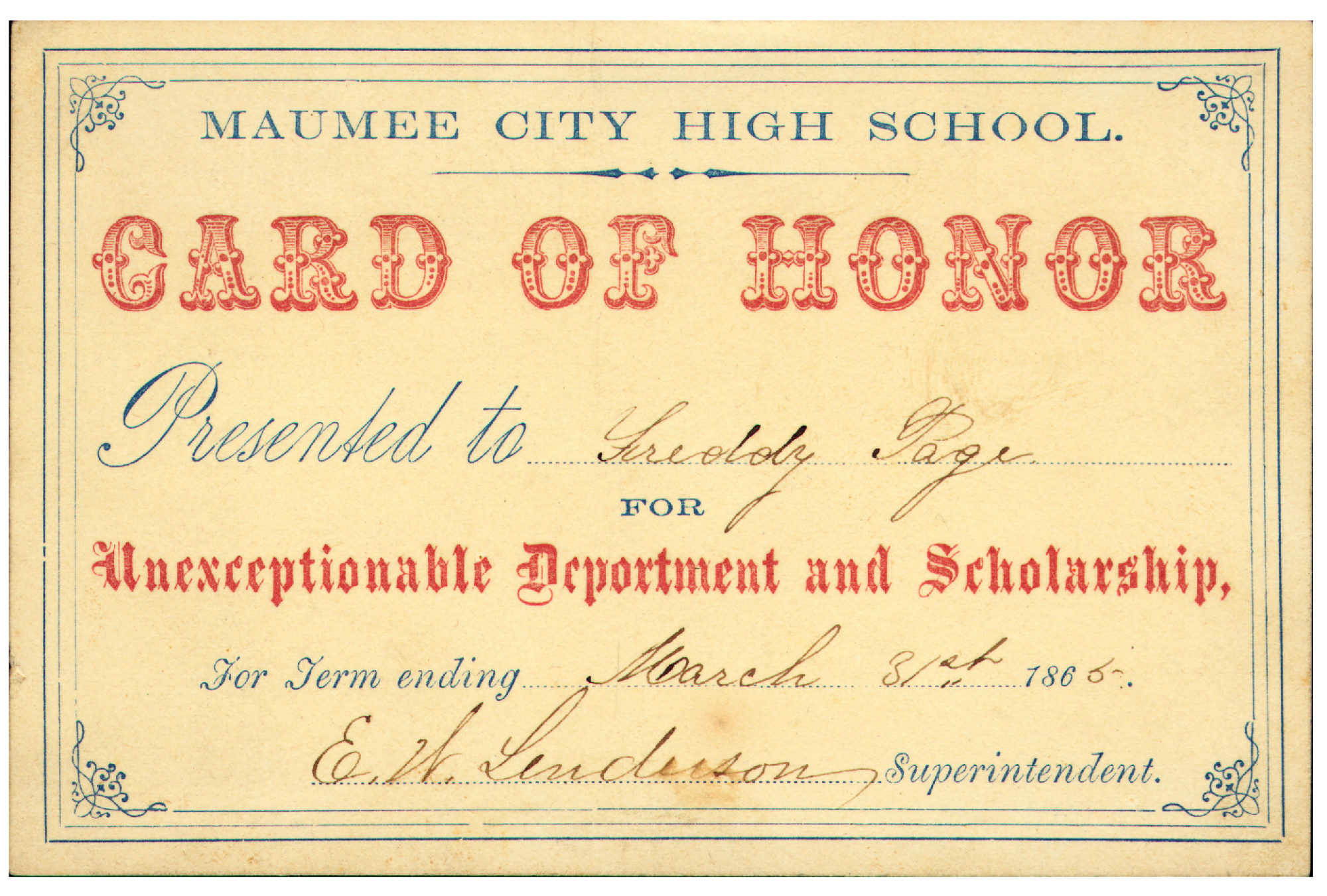 1860-03-31 Freddy Page School Certificate. Courtesy B. B. Dapice