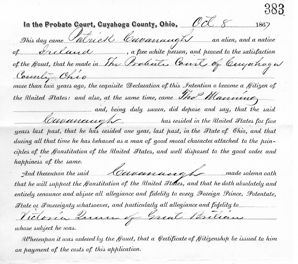 1867-10-08- Patrick Cavanaugh Naturalization Papers