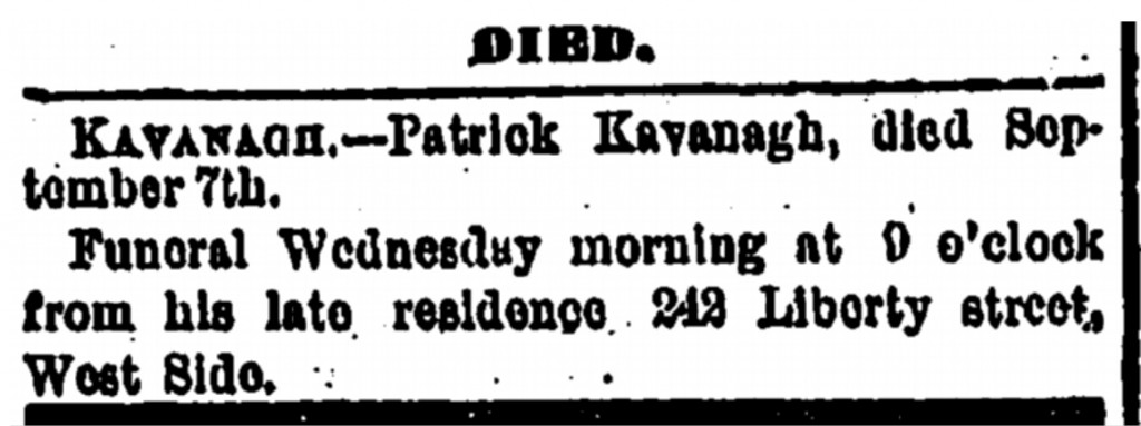 1874-09-08 Tuesday, Plain Dealer (Cleveland, OH) p2 Died Patrick Kavanagh