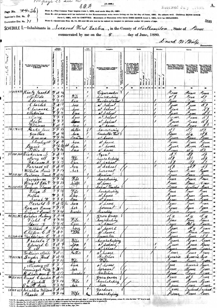 1880 US Census, PA, Northampton, Easton, for Thomas and Eliza Farquhar