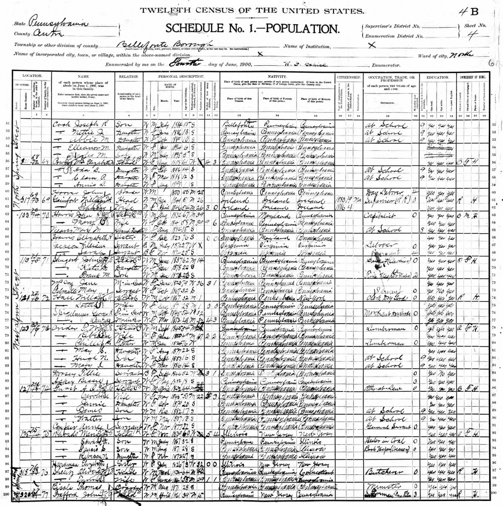 1900 US Census, Bellefonte, Centre County, PA for Caroline Furst