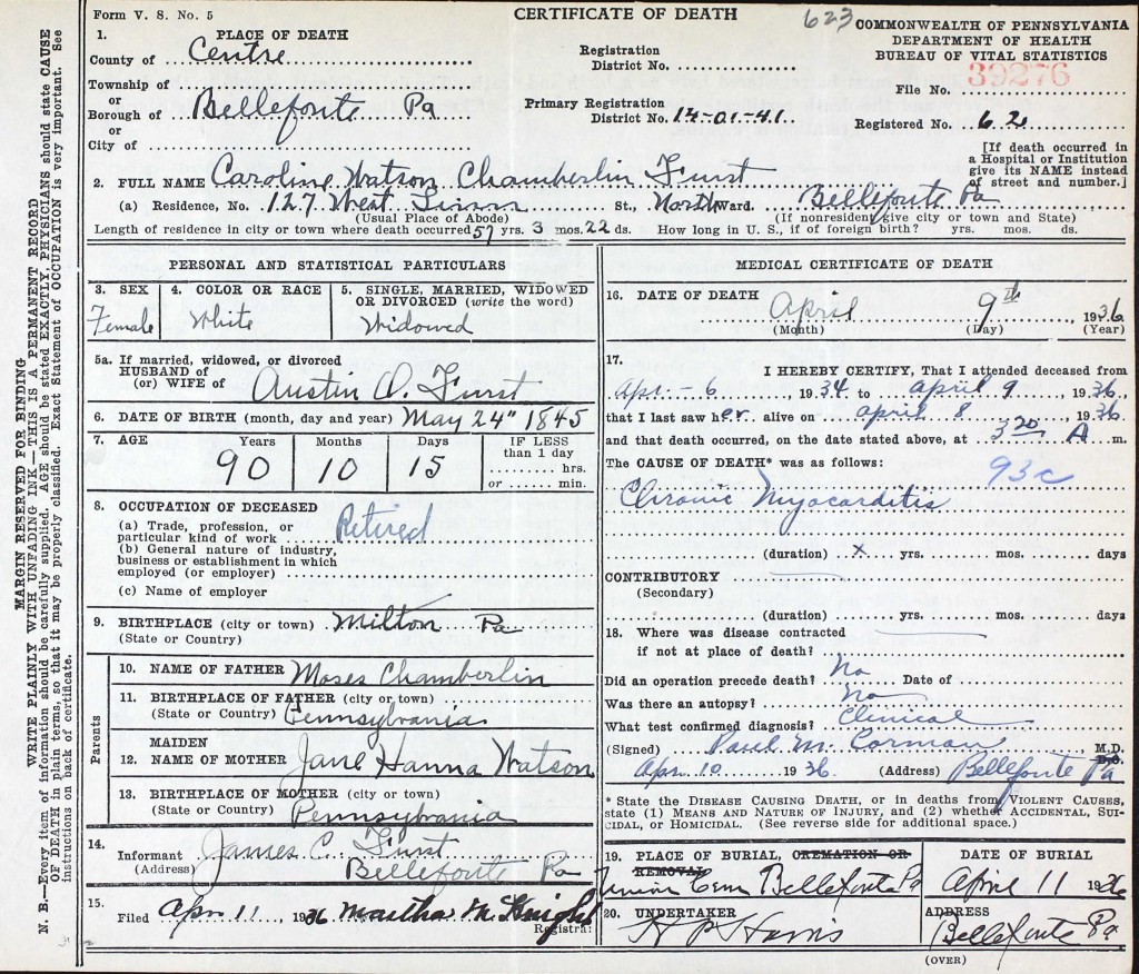 1936-04-09 Death Certificate for Caroline Watson Chamberlin Furst