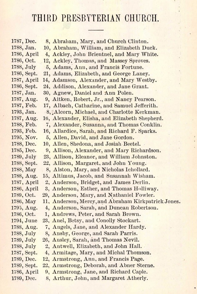 PA Marriage Records, 1700-1821 Third Presbyterian Church, Philadelphia, for Robert Aitken Jr