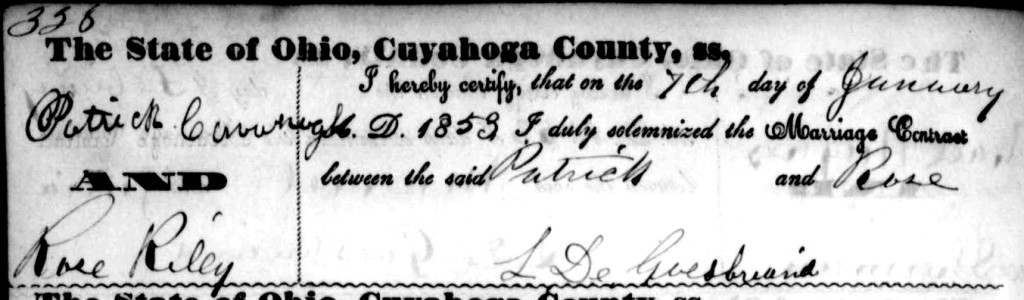 Patrick Cavanagh and Rose Riley Marriage Record January 7, 1853, cropped