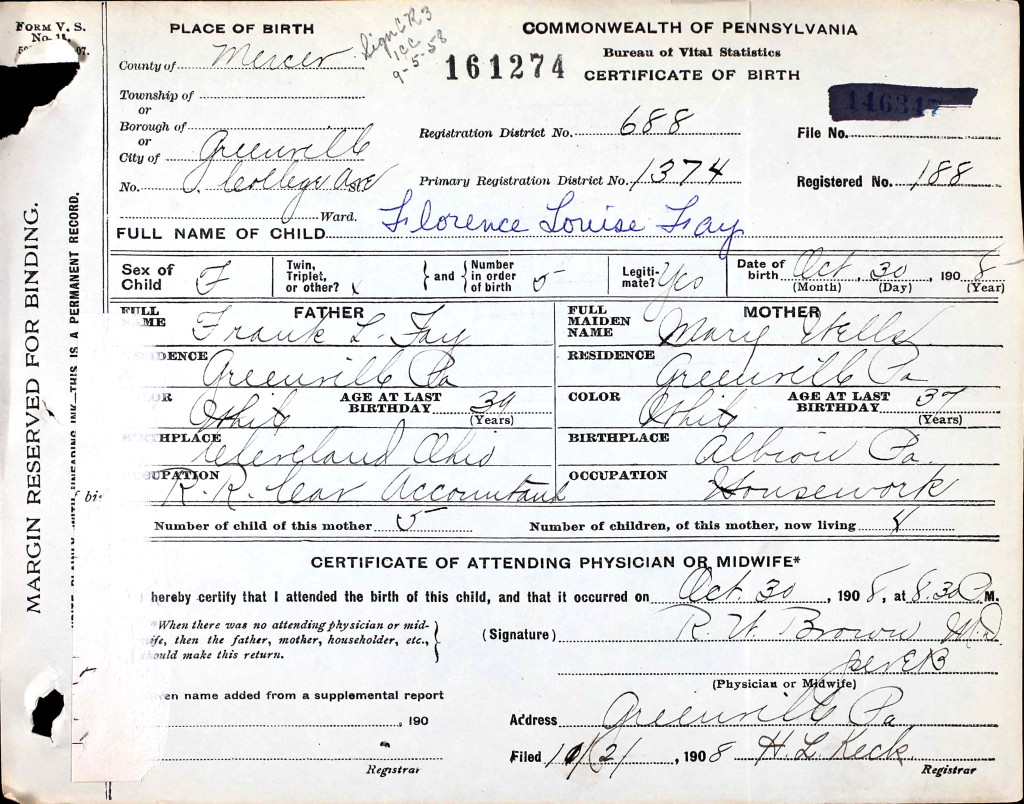 Birth Certificate, Florence Fay, October 30, 1908