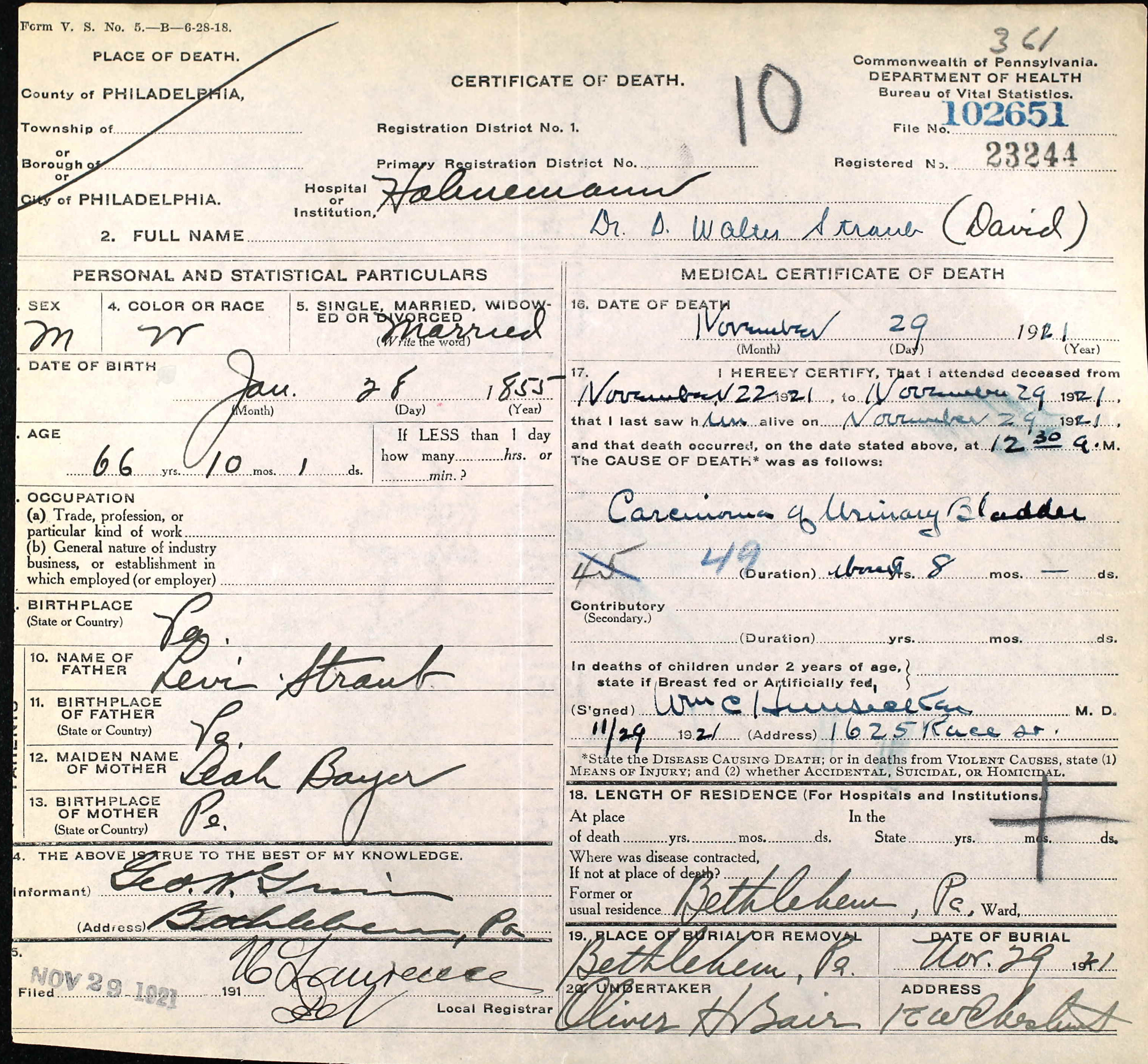 Pennsylvania, Death Certificates, 1906-1963 - David Walter Straub