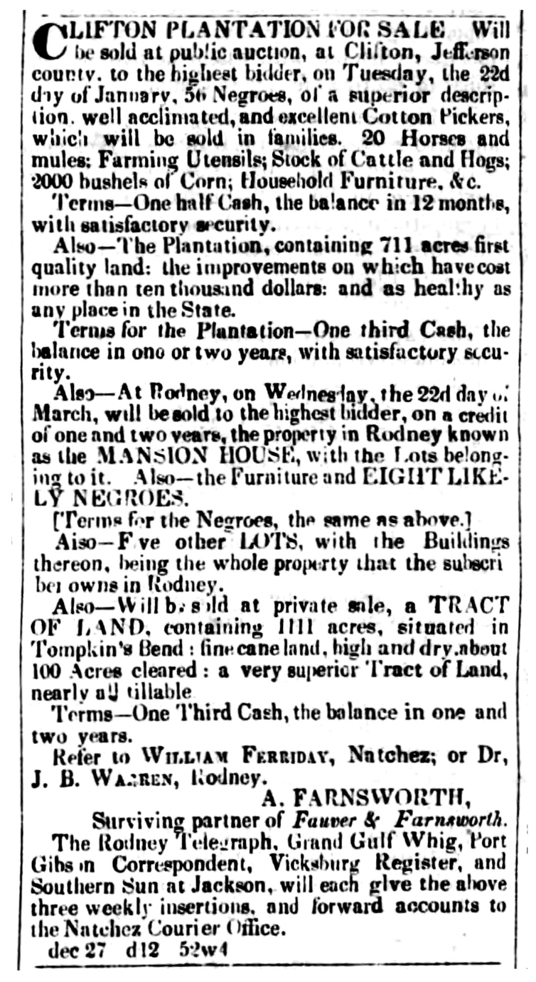 The Natchez Daily Courier (Natchez, MS) Mon Jan 21, 1839, p1, Clifton Plantation for Sale