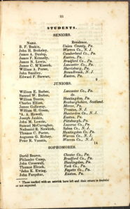 1839 US College Student Lists, PA, LaFayette College, for John Farquhar