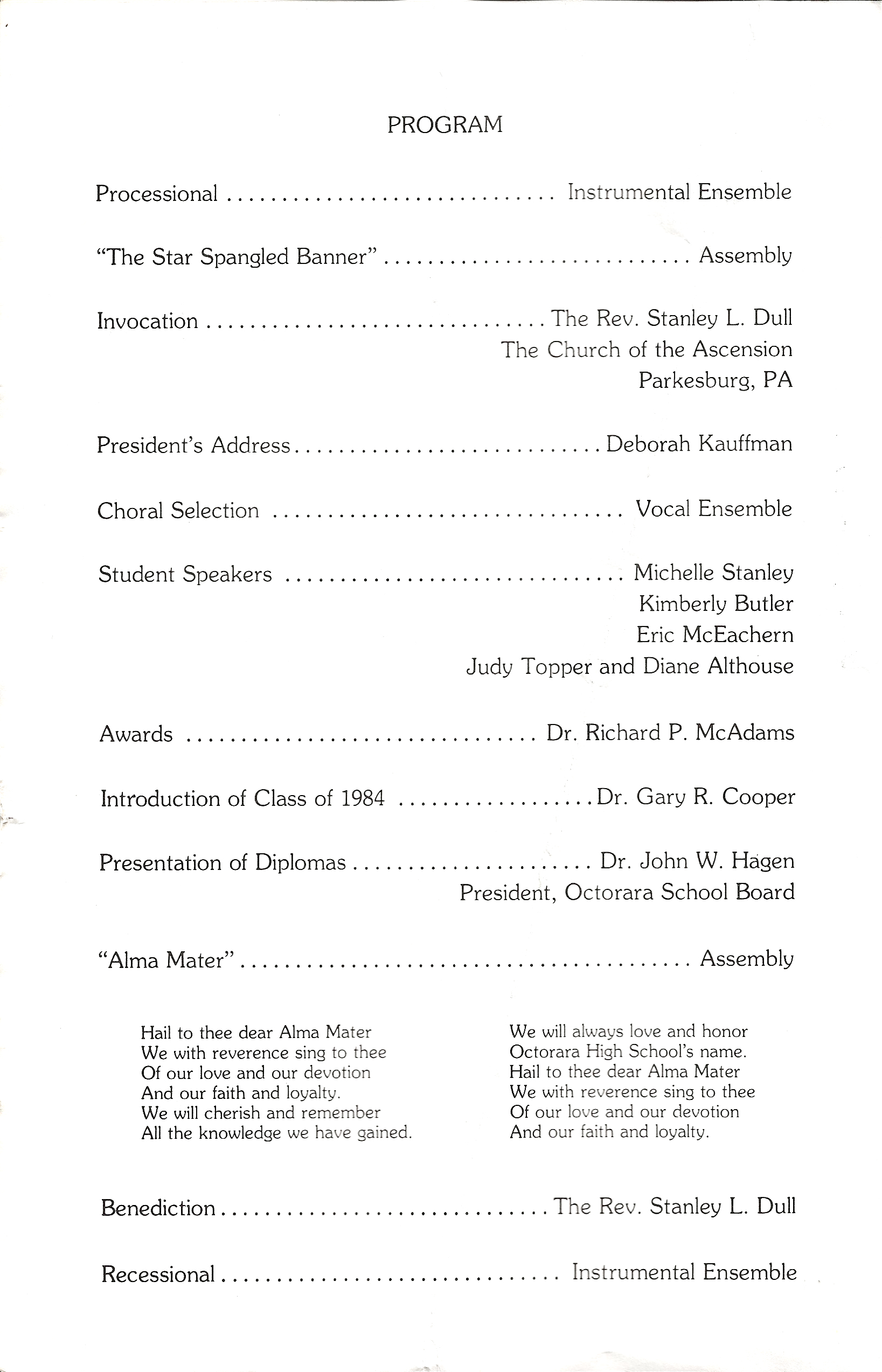 1984-06-03 Octorara HS Commencement Booklet, p2