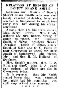 Frank Smith, The Greenwood Commonwealth (Greenwood, MS) Thu Jul 8, 1926, p3, Relatives at Bedside of Deputy Frank Smith