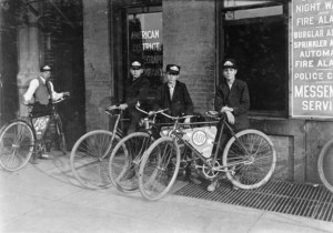 Hine, Lewis Wickes, Four ADT messenger boys, with bicycles, Indianapolis, Indiana, August 1908
