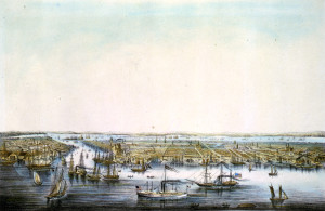New-York von der Seeseite aus gesehen--Des auswanderers Sehnsucht, druck v J Hesse in Berlin 1850