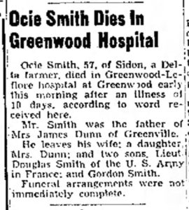 Ocie Smith Dies in Greenwood Hospital, The Delta Democrat Times, Tue Oct 3 1944 p6