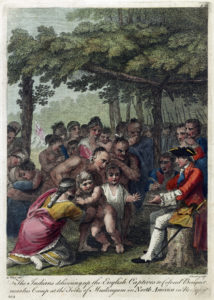 The Indians delivering up the English captives to Colonel Bouquet near his camp at the forks of Muskingum in North America in Nov 1764