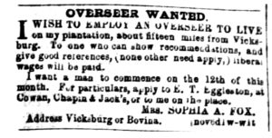 Vicksburg Whig (Vicksburg, MS) Wed Nov 25, 1857, p4, Overseer Wanted
