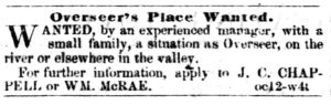 Vicksburg Whig (Vicksburg, MS) Wed Oct 19, 1859, p2, Overseer's Place Wanted