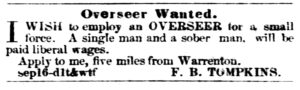 Vicksburg Whig (Vicksburg, MS) Wed Sep 21, 1859, p3, Overseer Wanted
